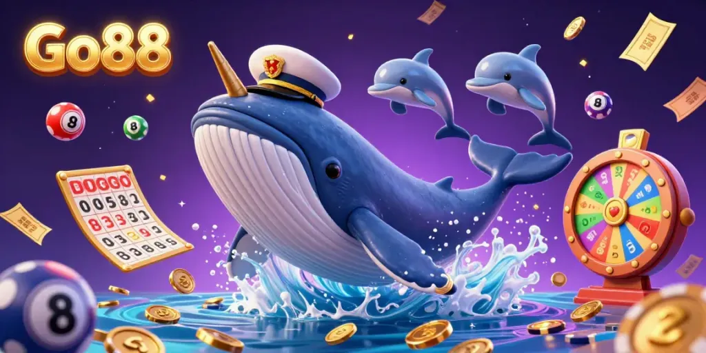 Go88 animated whale breaching through coins, showcasing a vibrant casino scene.