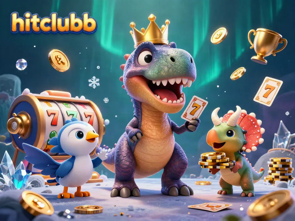 Hitclubb T-Rex shuffling cards amidst vibrant slot gaming elements and golden trophies in a lively casino scene.