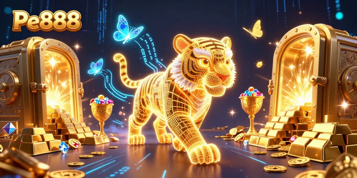 Experience thrilling wins at Pe888, featuring a neon tiger in a vibrant casino landscape.