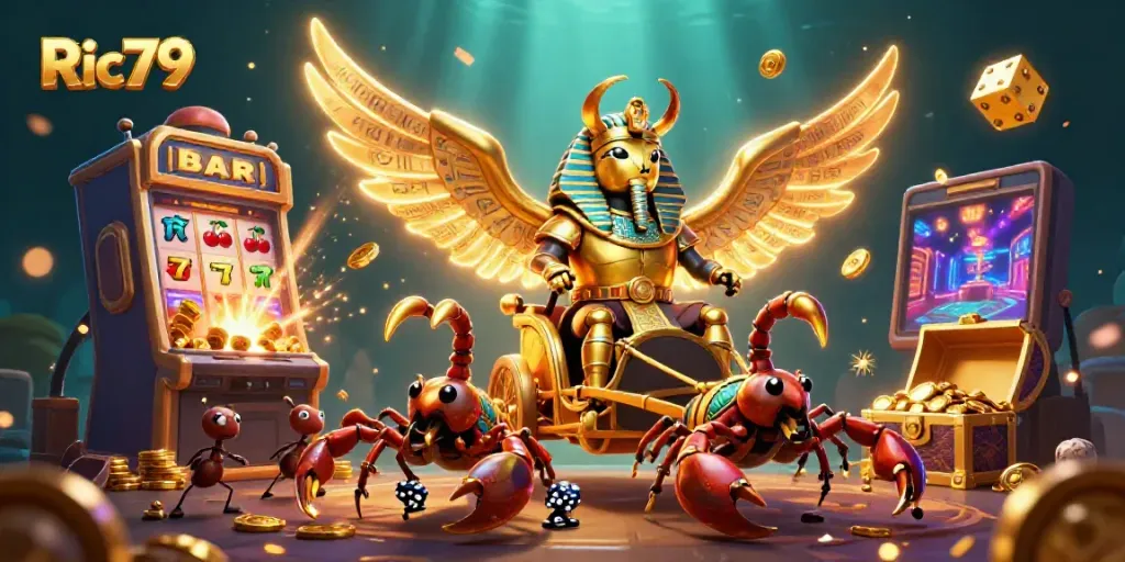 Experience thrilling wins with Ric79 at an enchanting casino scene featuring vibrant characters and dynamic elements.