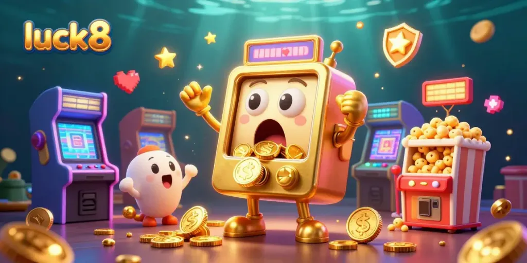 Experience luck8's thrilling slot machine jackpot alongside cheering mini machines and a fun popcorn sidekick.