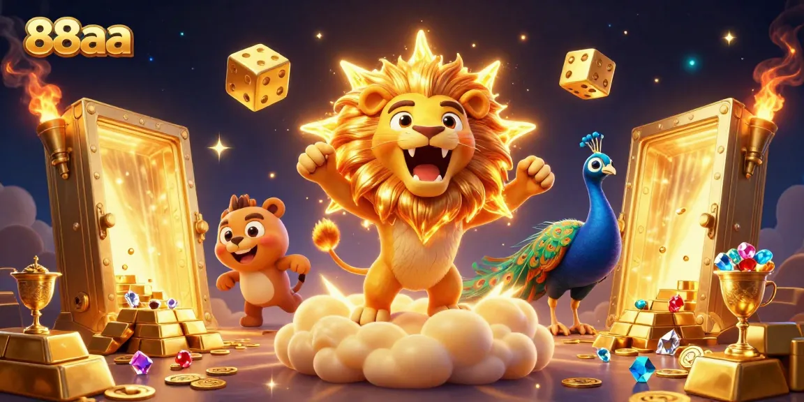 Experience thrilling gameplay with 88aa's engaging casino atmosphere, featuring a roaring lion and golden treasures.
