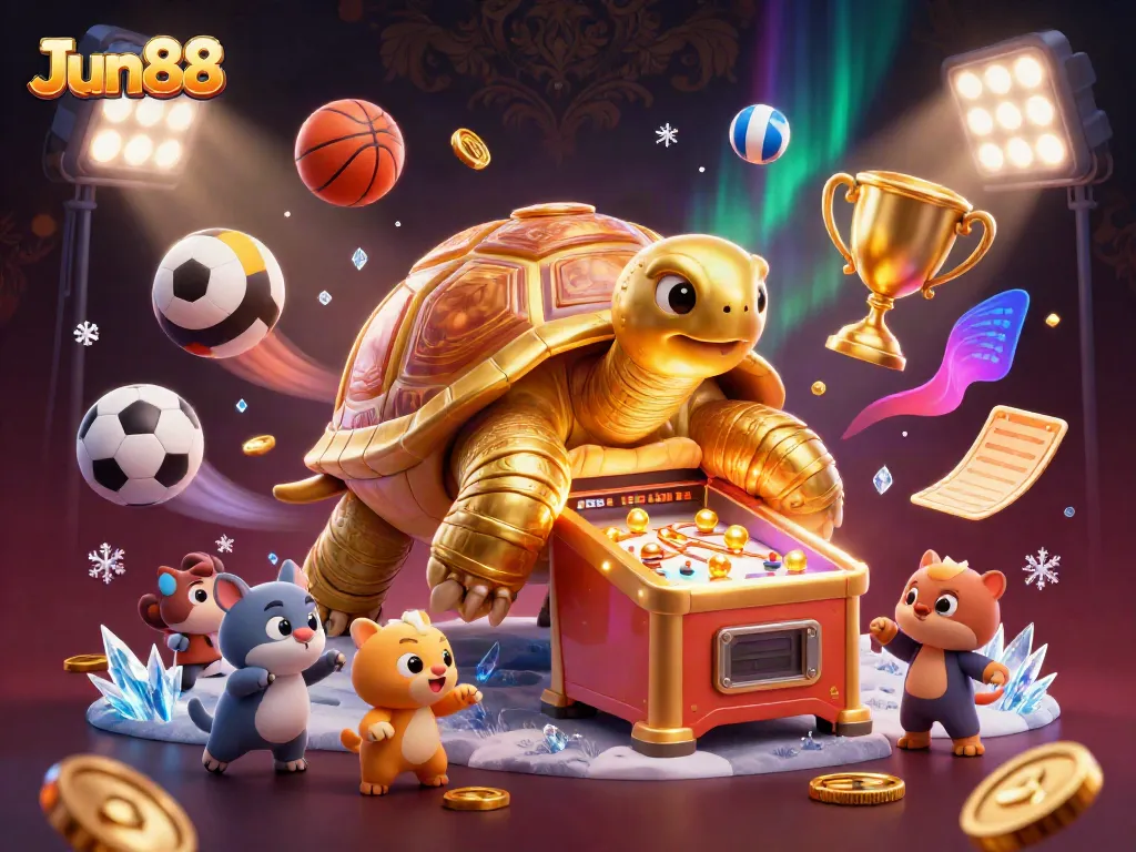 Experience the excitement of Jun88 with this vibrant 3D casino scene featuring a colossal tortoise pinball machine and animated sports elements.