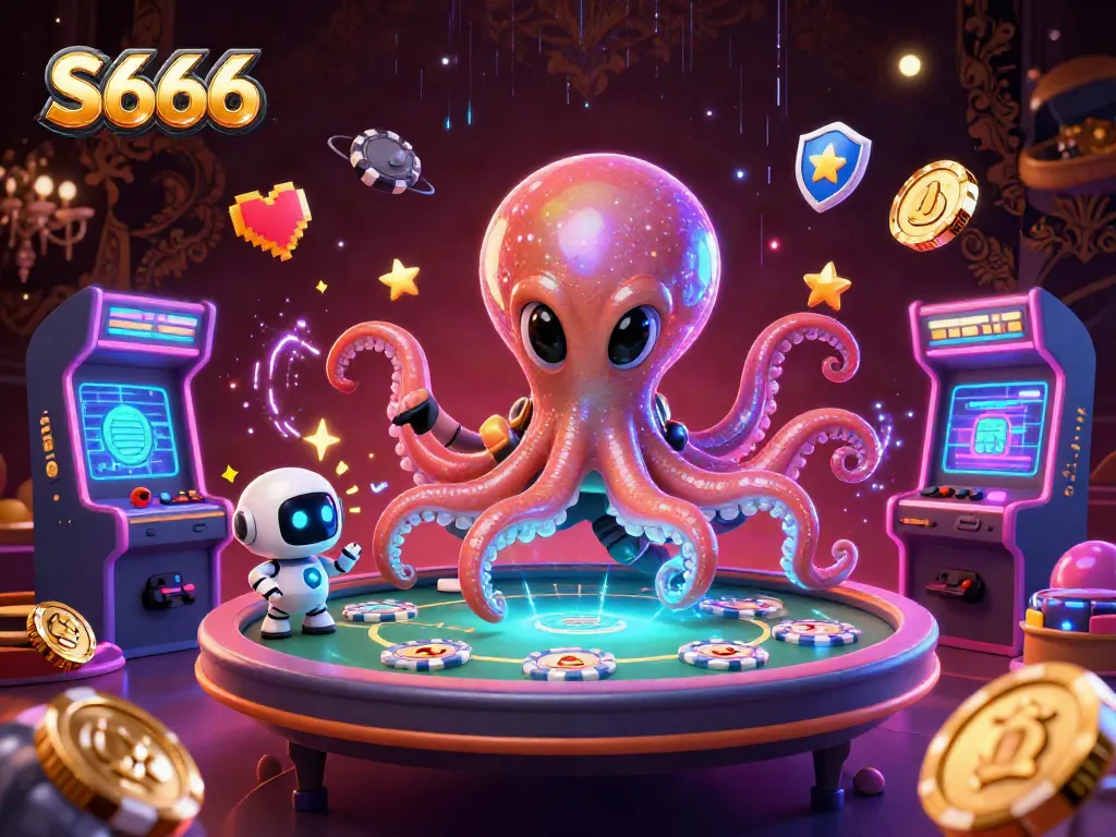 S666 ignites excitement at a cosmic poker table in a vibrant casino gaming scene.
