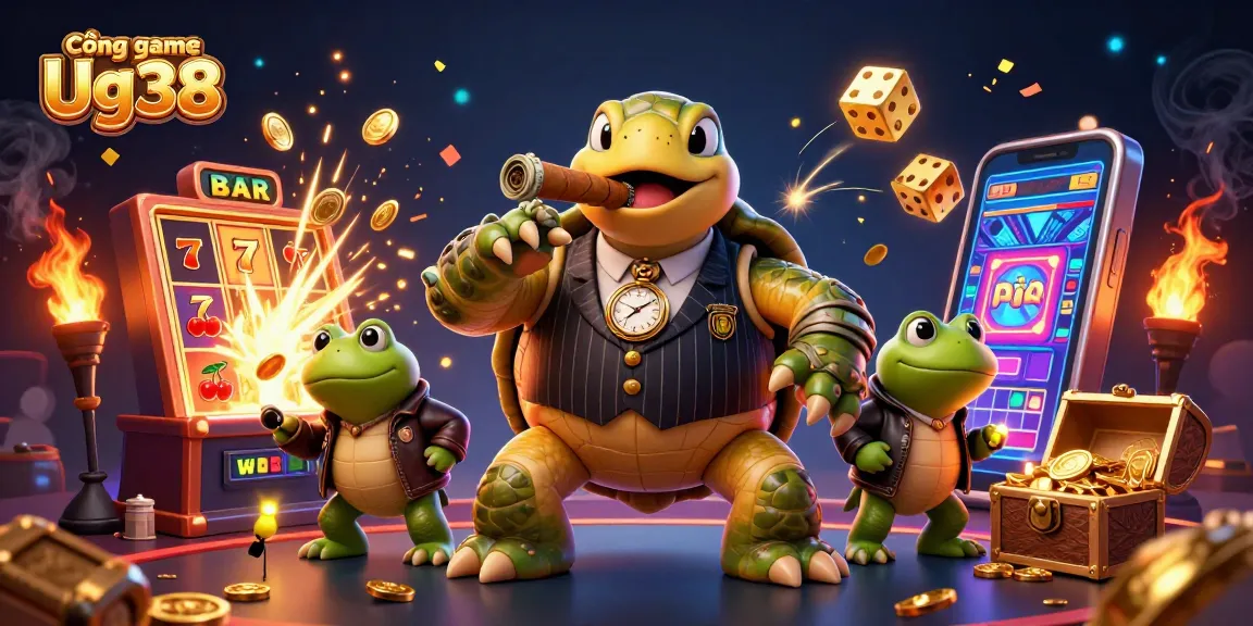 Cổng game Ug38 showcases a lively casino scene with a snapping turtle and bullfrog characters celebrating a jackpot win.