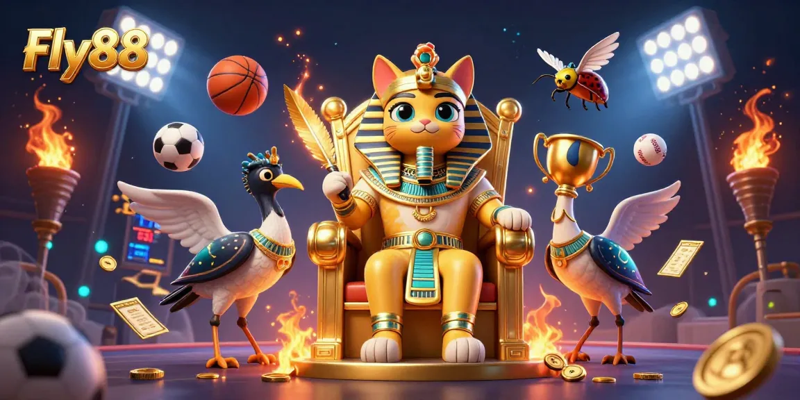 Fly88 offers thrilling sports betting with dynamic elements like sports balls and trophies in a vibrant casino scene.