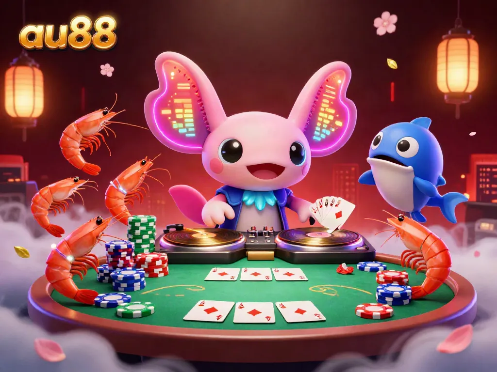 Experience dynamic gaming with au88, featuring a vibrant axolotl DJ and poker elements.