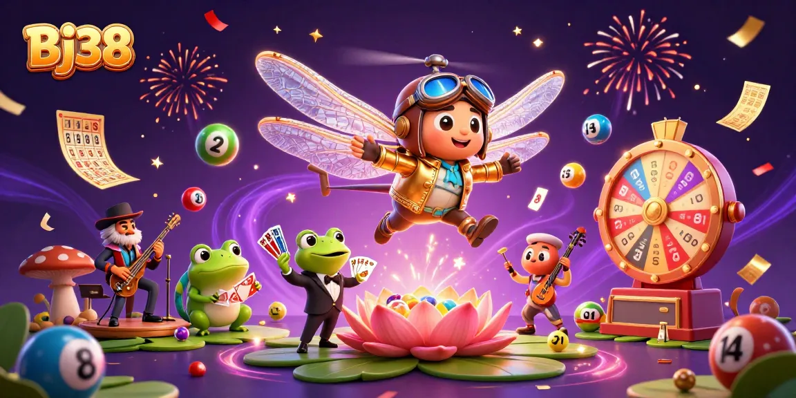 Bj38 offers a vibrant casino experience showcasing a dragonfly pilot, frog croupier, and cricket musicians.