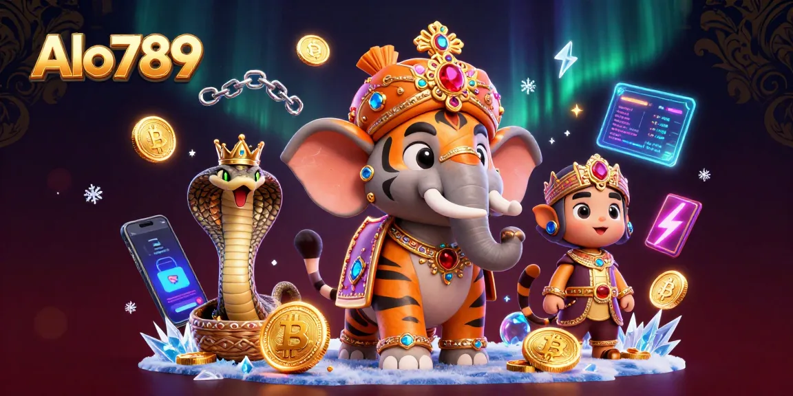 Alo789 presents a dynamic scene with a tiger riding an elephant amidst neon crypto coins and casino elements.