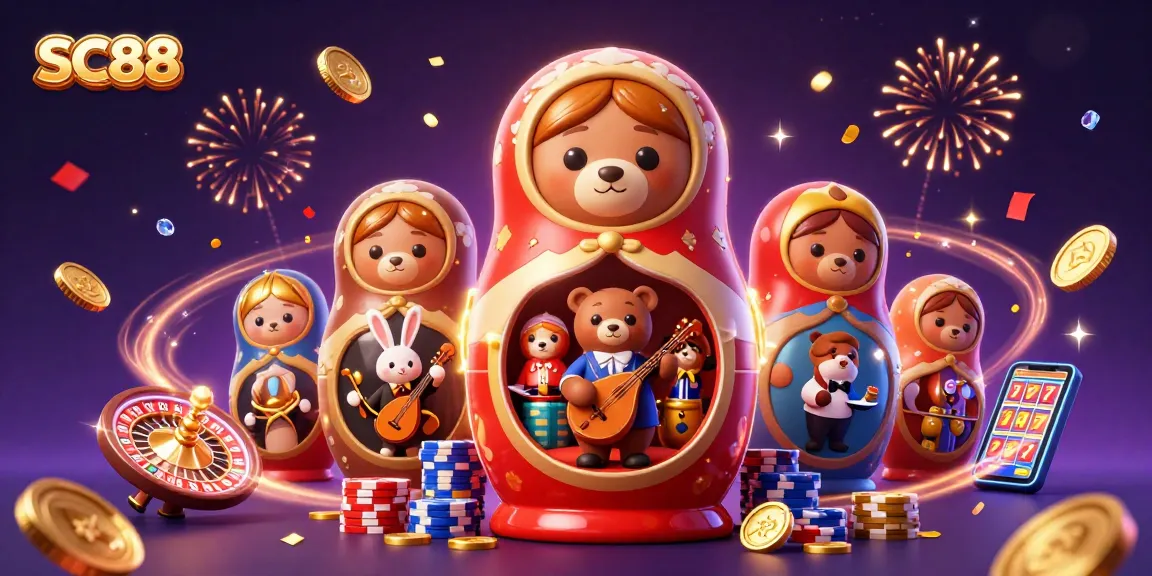 Experience the thrills of SC88 with a vibrant casino illustration featuring festive bears and iconic game elements.