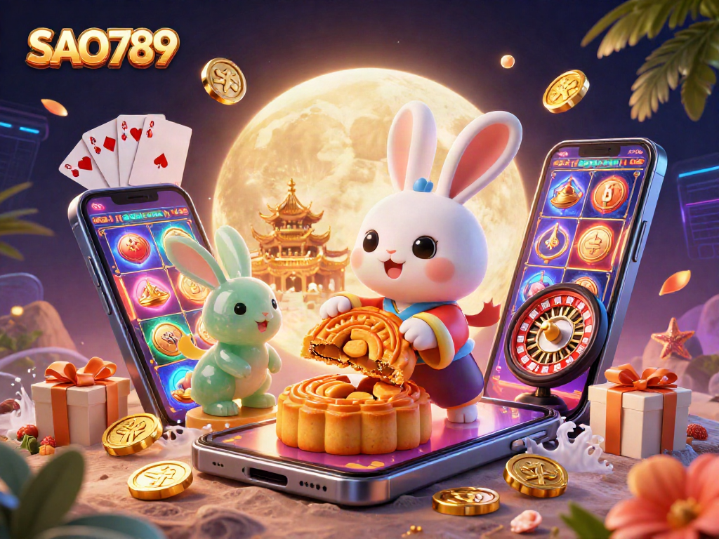 Play exciting games at SAO789, featuring animated characters on a lunar landscape with casino elements.