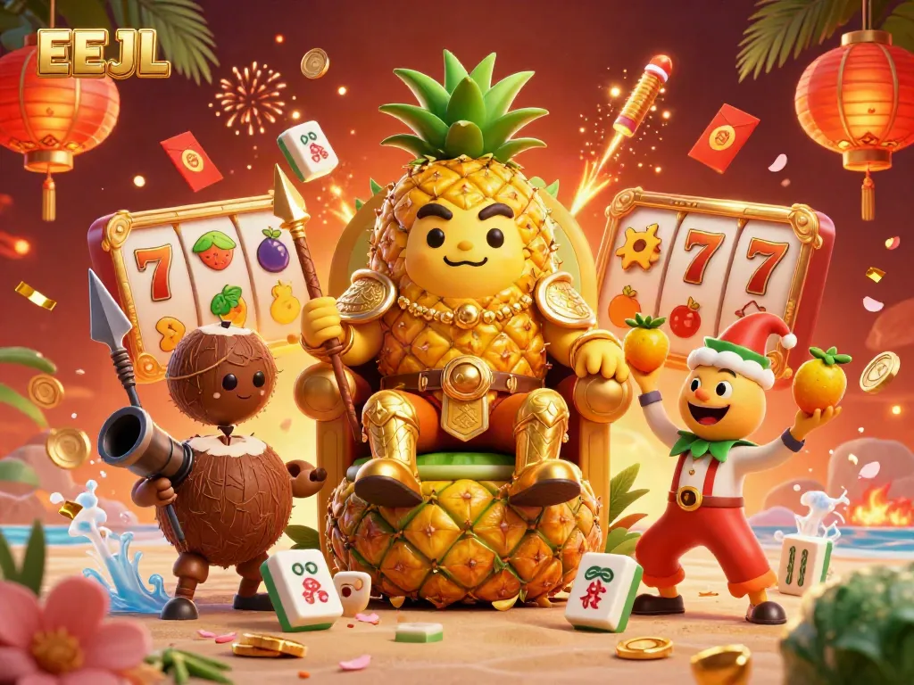 Engage with EEJL's vibrant casino adventure featuring the golden pineapple king and his tropical entourage.