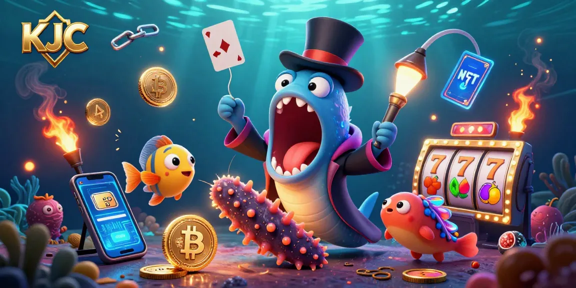 KJC showcases a vibrant 3D illustration of a bioluminescent eel performing card tricks, symbolizing interactive casino excitement.