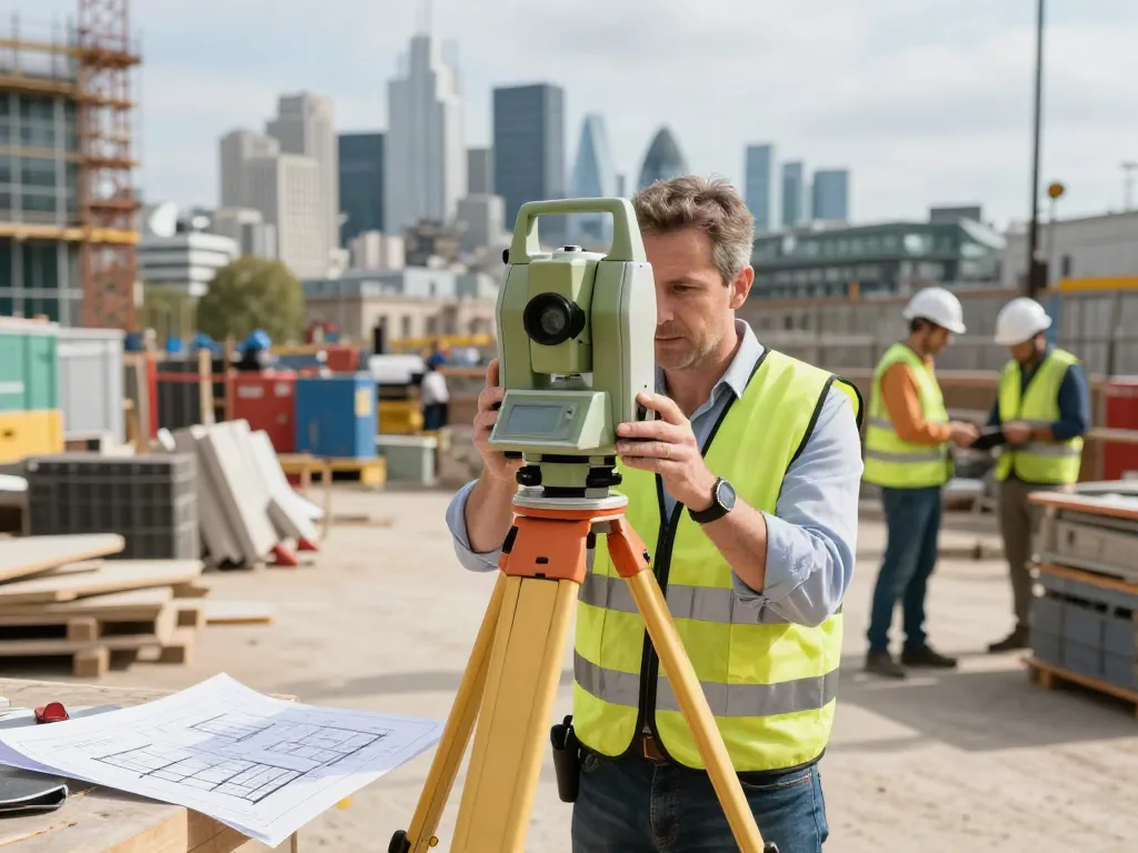 Land Surveyors London using advanced equipment for precise measurements in urban setting