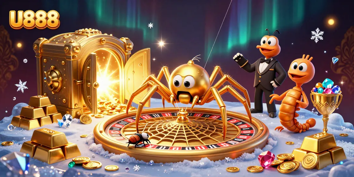 Place bets at U888 with a golden spider spinning a roulette web in a luxurious casino.