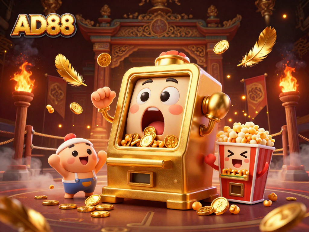AD88's golden slot machine hits the jackpot, showering coins in a vibrant casino scene.