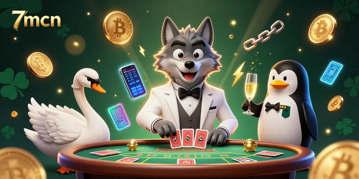 Engage with 7mcn's vibrant atmosphere featuring a debonair wolf at baccarat with crypto elements.