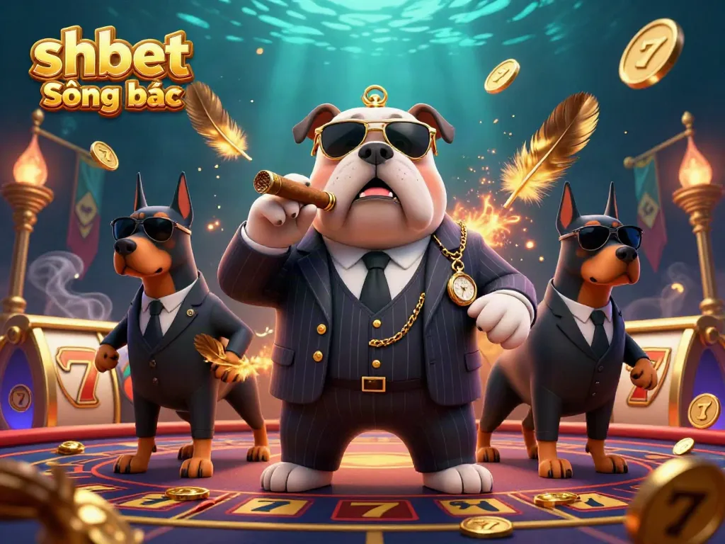 Engaging visual of shbet Sòng bạc showcasing a mafia boss bulldog with bodyguards in a vibrant casino.