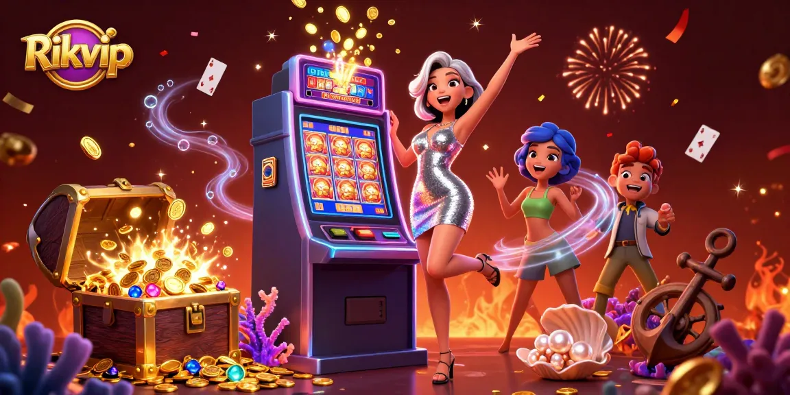 Experience excitement with Rikvip as the jackpot lights up, surrounded by vibrant casino elements.