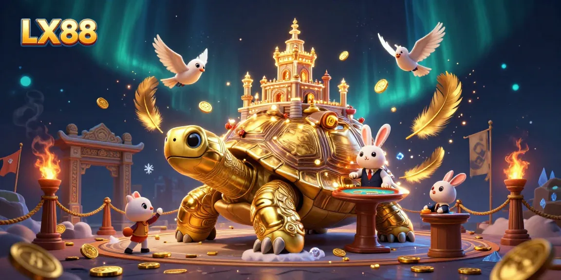 Experience the thrill of LX 88 with a lively casino scene featuring a giant tortoise and vibrant game elements.