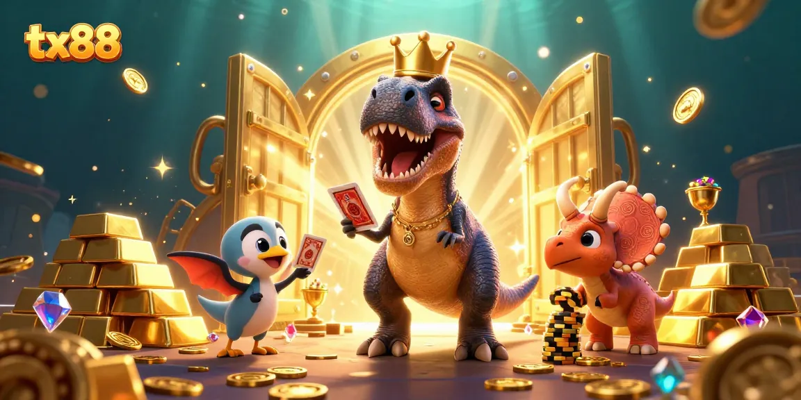 tx88 players enjoying a vibrant illustration of a dinosaur-themed casino adventure with golden treasures.