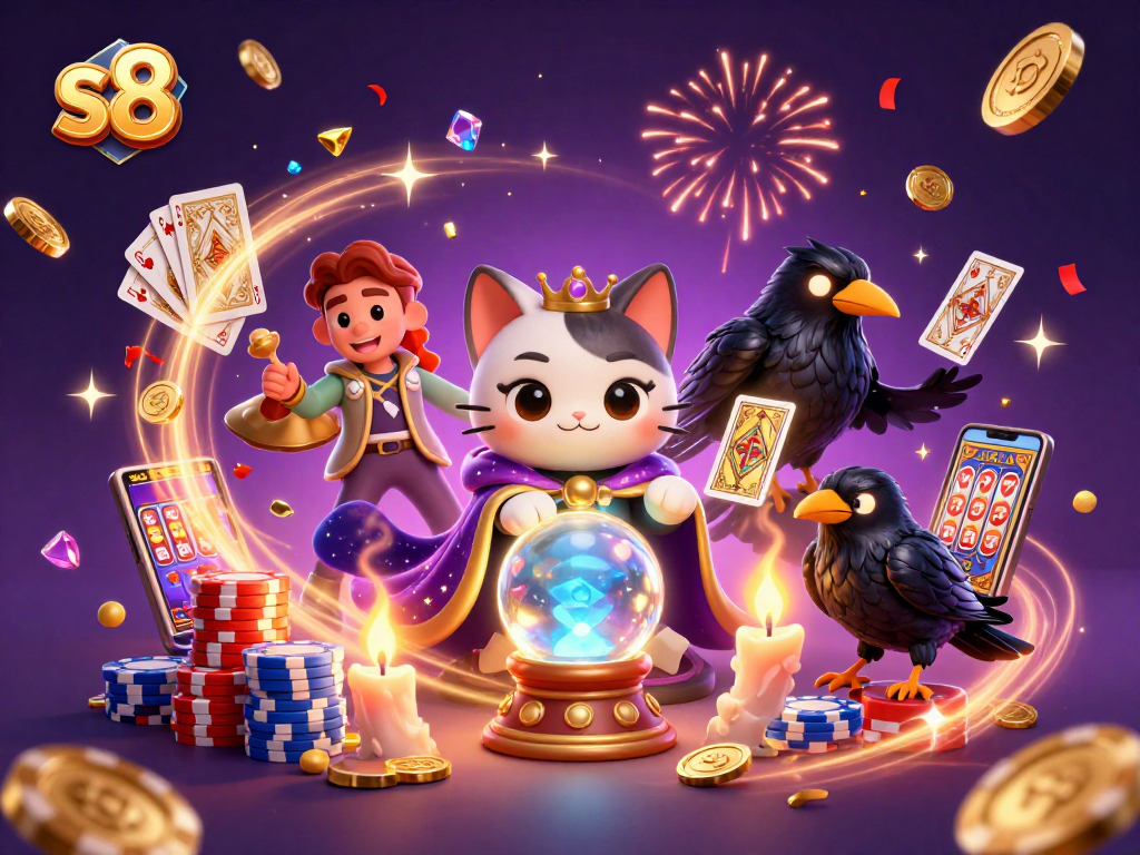 Experience the thrills of betting at s8 with a magical casino-inspired illustration featuring fortune-tellers and vibrant elements.