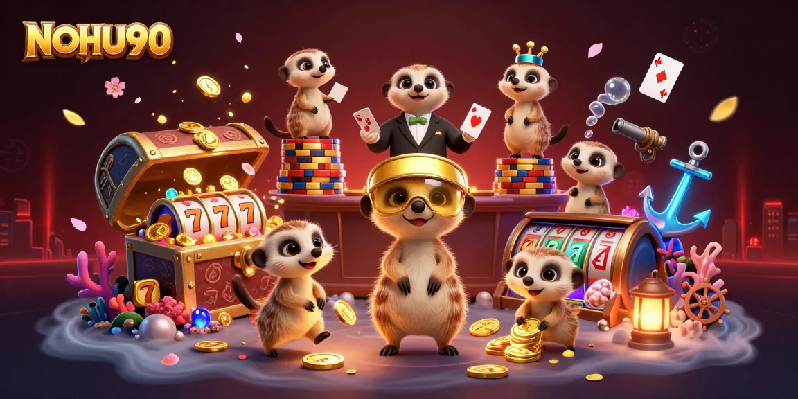 Experience NOHU90's vibrant casino scene as meerkats play with exciting slot reels and treasures.