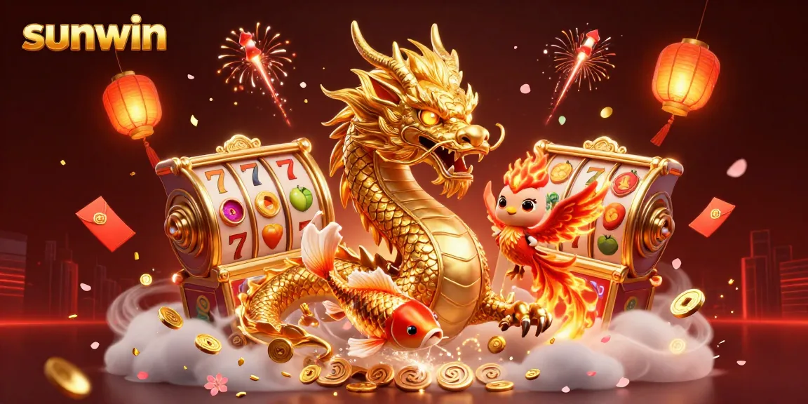 Win big with sunwin at this vibrant online casino illustration featuring dynamic dragons and rich elements.