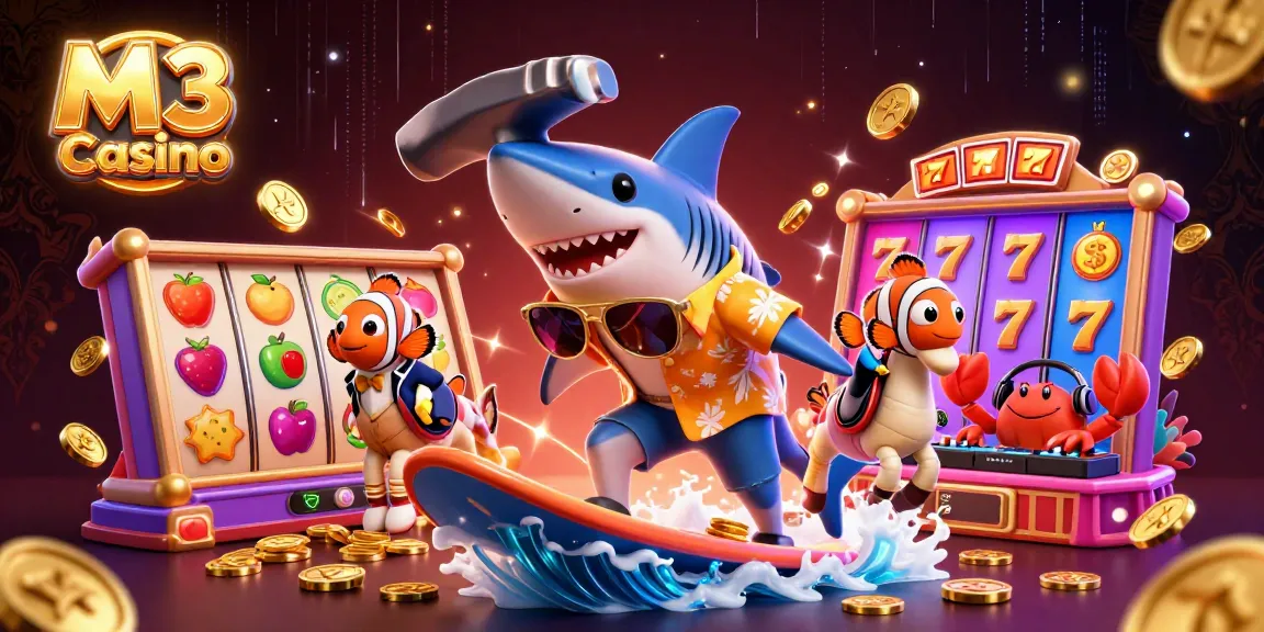 M3 Casino showcases thrilling slot games with dynamic characters surfing on gold coins for big wins.