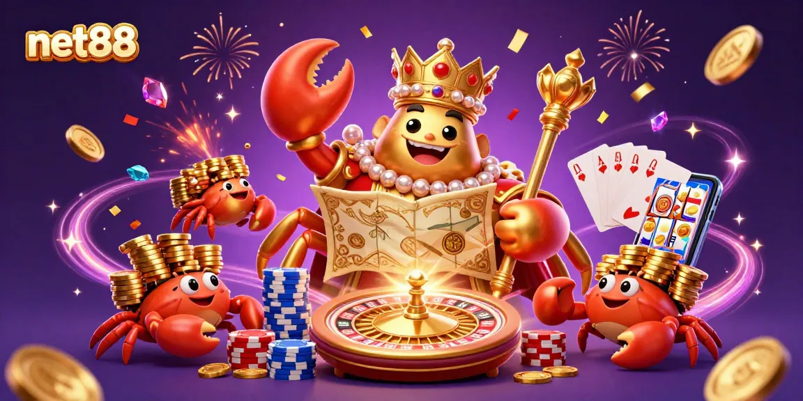 Experience the thrill of net88 with an illustrated scene of a golden crab emperor amidst casino elements.