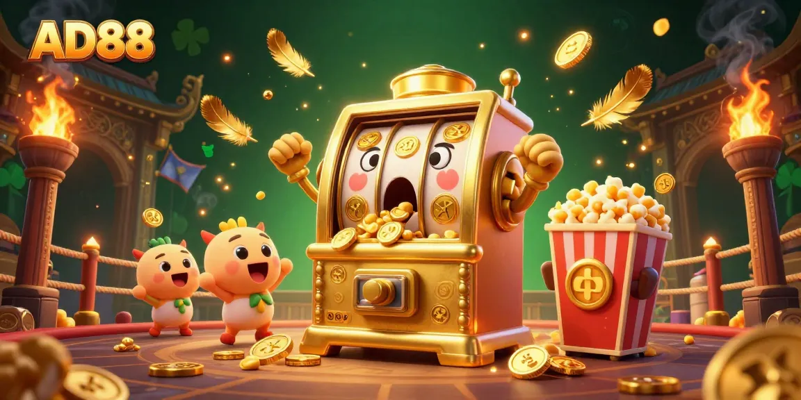 Spin the reels with AD88’s lively golden slot machine hitting a jackpot amidst a cheering crowd of baby slots.