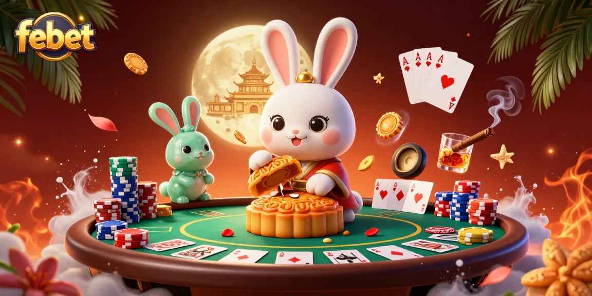 Bet on febet with dynamic 3D illustration showcasing Chinese folklore, poker chips, and casino elements.
