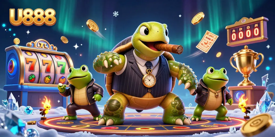 Experience the excitement of U888 with a cartoon snapping turtle in a vintage suit amidst dynamic casino elements.