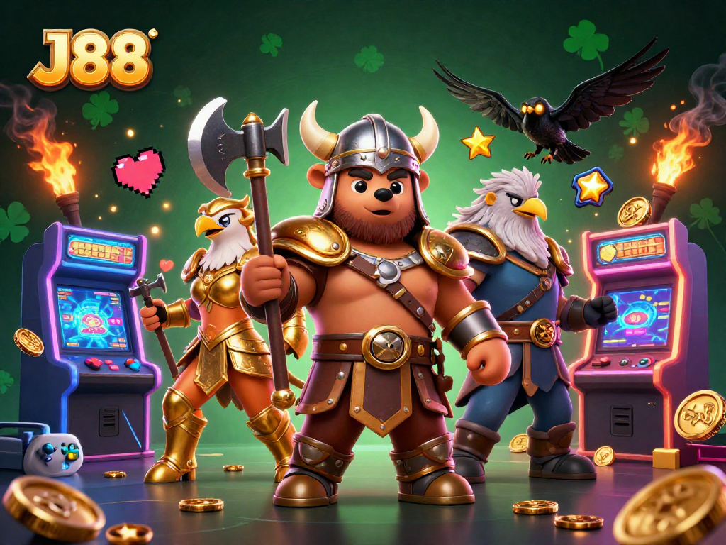 Engage in thrilling gaming action with J88 as Viking characters battle surrounded by dynamic casino elements.