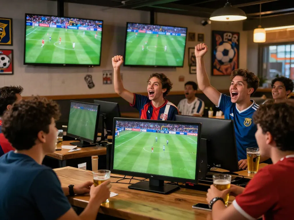 Fans enjoying live soccer action on big screens at a vibrant sports bar, featuring socolive streaming excitement.
