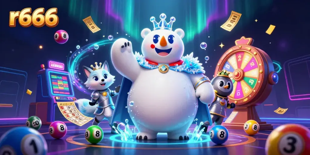 Experience the r666 excitement with lively elements and characters in a vibrant casino atmosphere.
