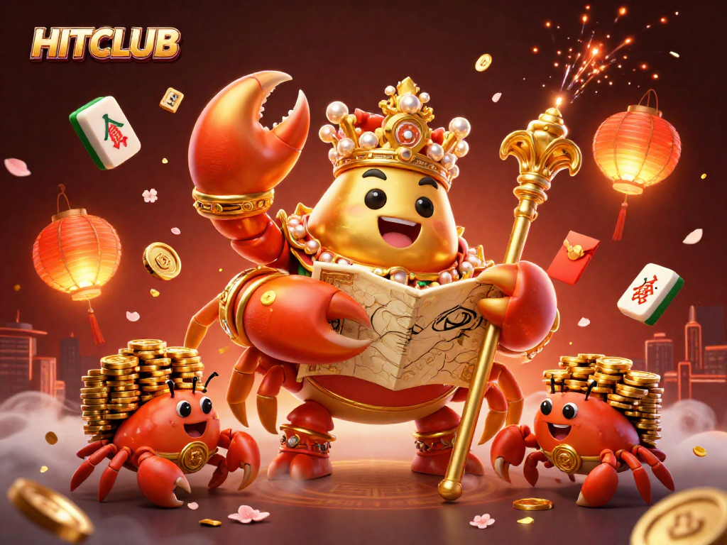 Experience the excitement of HITCLUB with a vibrant illustration of the golden crab emperor and gaming elements.