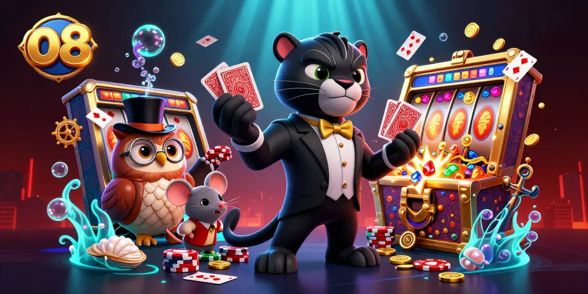 Play exciting games at o 8 with a stylish black panther dealer, poker chips, and vibrant casino elements.