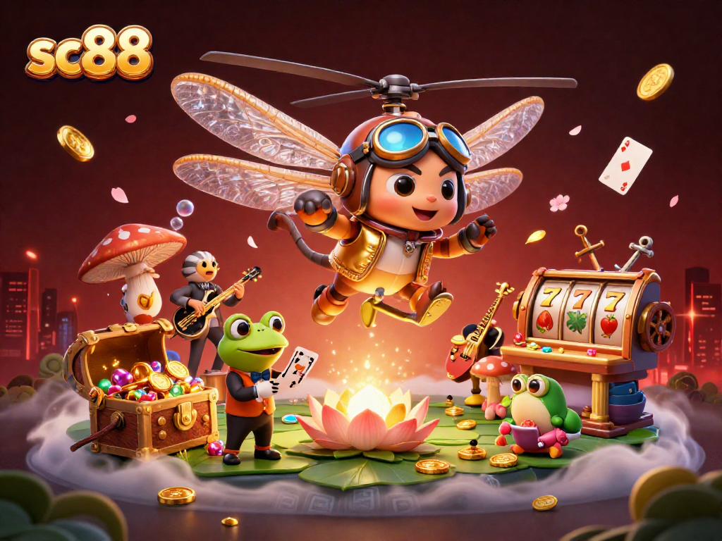 sc88 brings vibrant casino excitement to life with a dynamic 3D illustration featuring a dragonfly pilot and frog croupier.