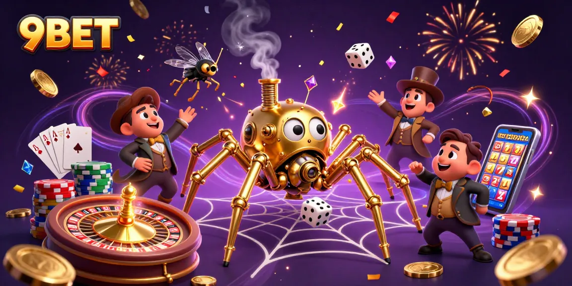 Engage with the thrills at 9BET, where a golden spider weaves casino magic in a vibrant gaming world.