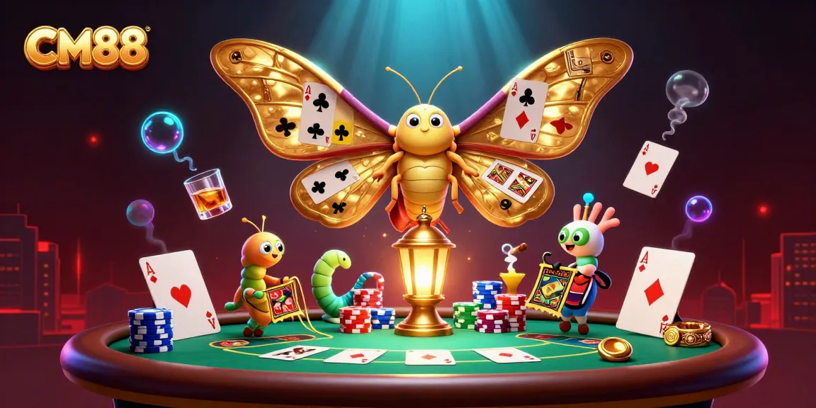 Join CM88 for vibrant casino entertainment featuring a majestic moth and poker elements.