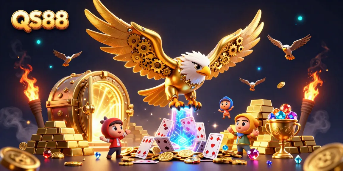 Experience the excitement of QS88 with a golden eagle soaring through a dynamic casino scene filled with treasures.