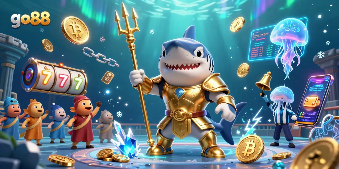 Engage with go88's thrilling underwater casino adventure, featuring a gladiator shark and vibrant game elements.