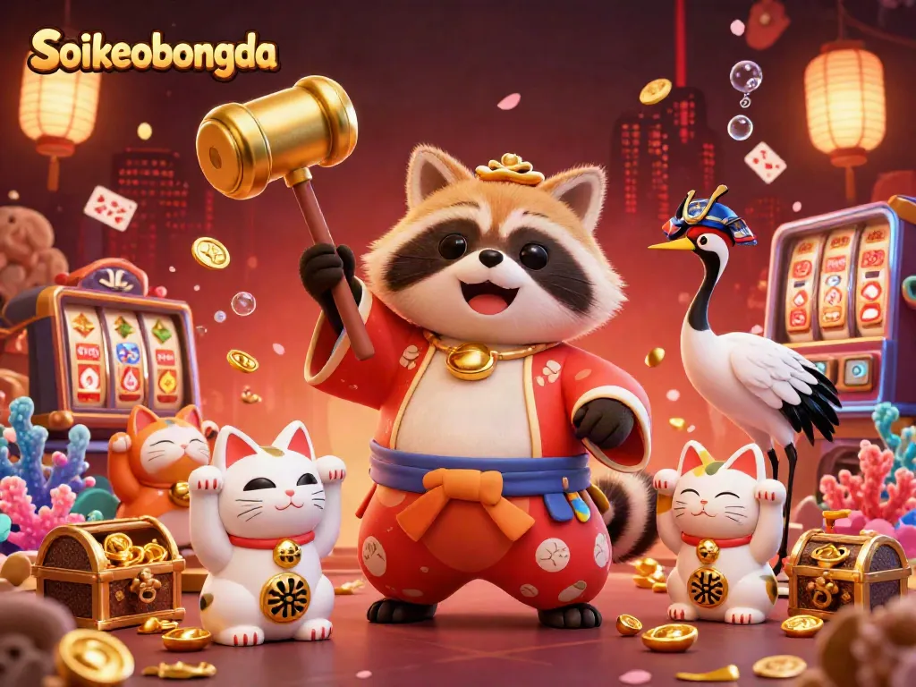 Engage with Soikeobongda through this vibrant 3D illustration of characters in a casino setting, promoting luck and joy.