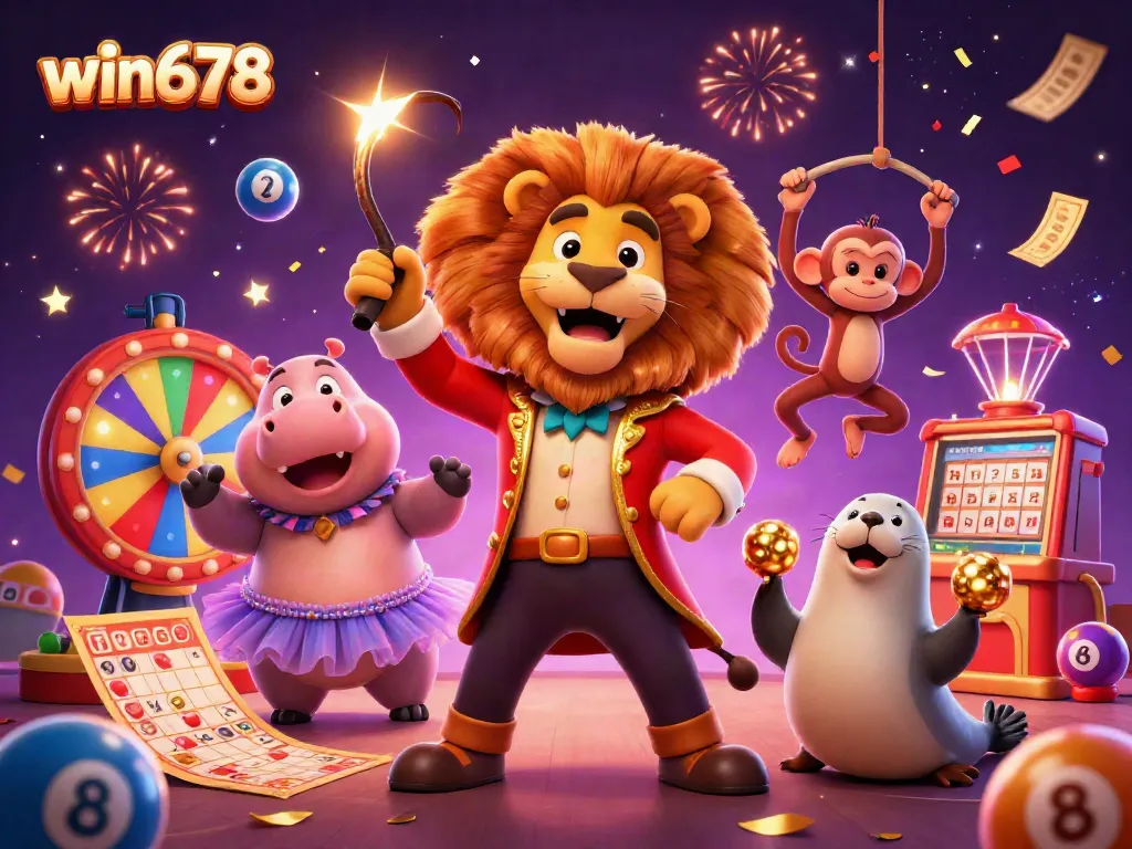 Experience the excitement of win678 with a vibrant 3D illustration of casino characters celebrating with lottery balls and confetti.