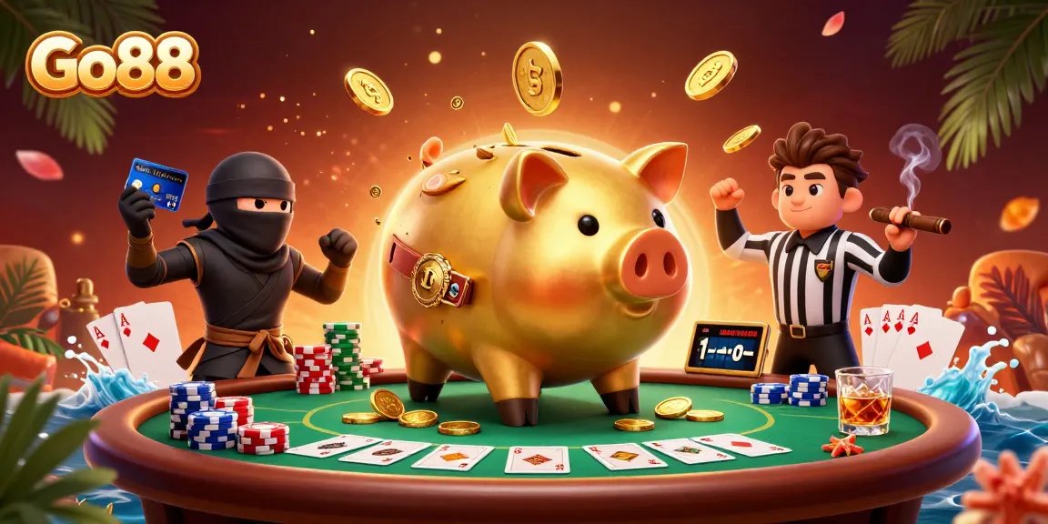 Engage in thrilling tournaments at Go88 with a dynamic 3D casino illustration featuring vibrant characters.