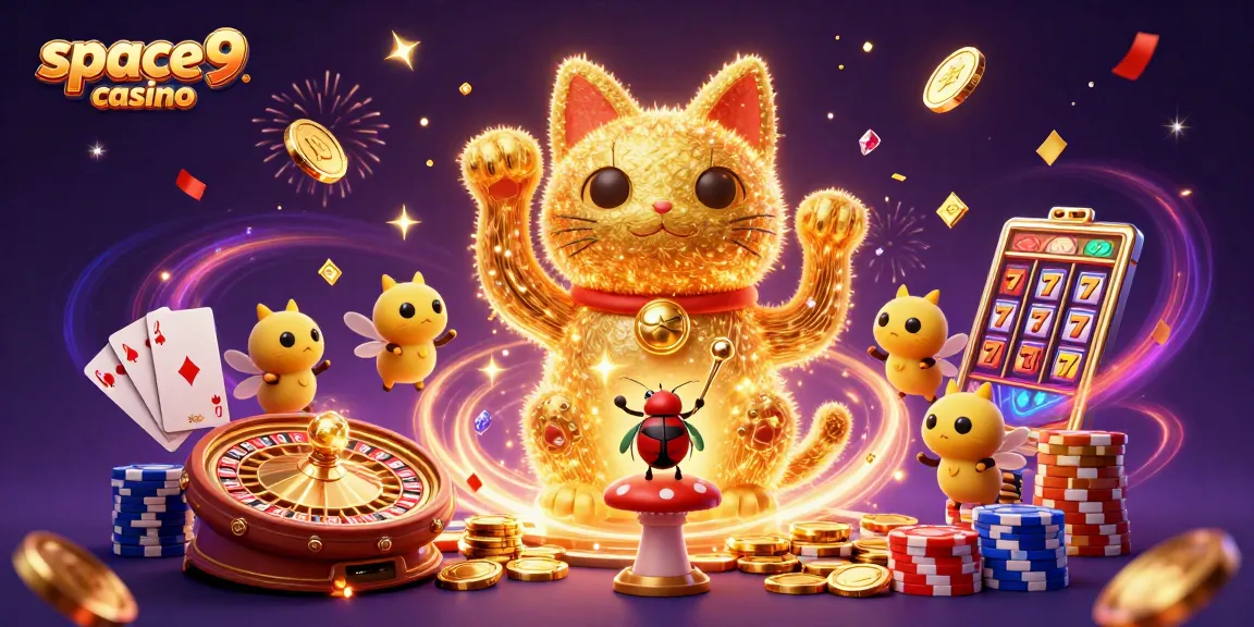 Experience the excitement of space9 casino with golden fireflies and dynamic gaming symbols.