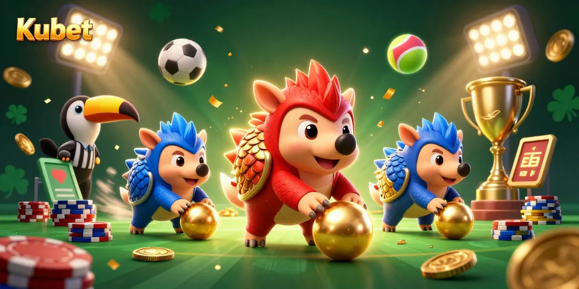 Kubet pangolins bowling through poker chips amidst sports elements and confetti in a vibrant casino scene.