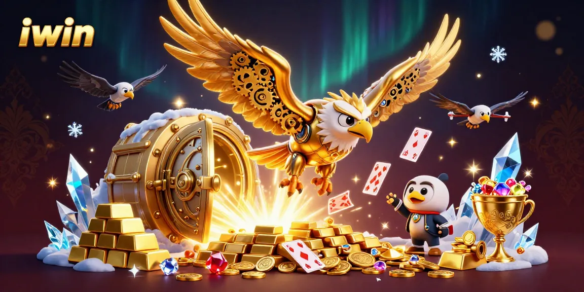 iwin's vibrant casino scene with a golden eagle and holographic playing cards in a treasure-filled setting.