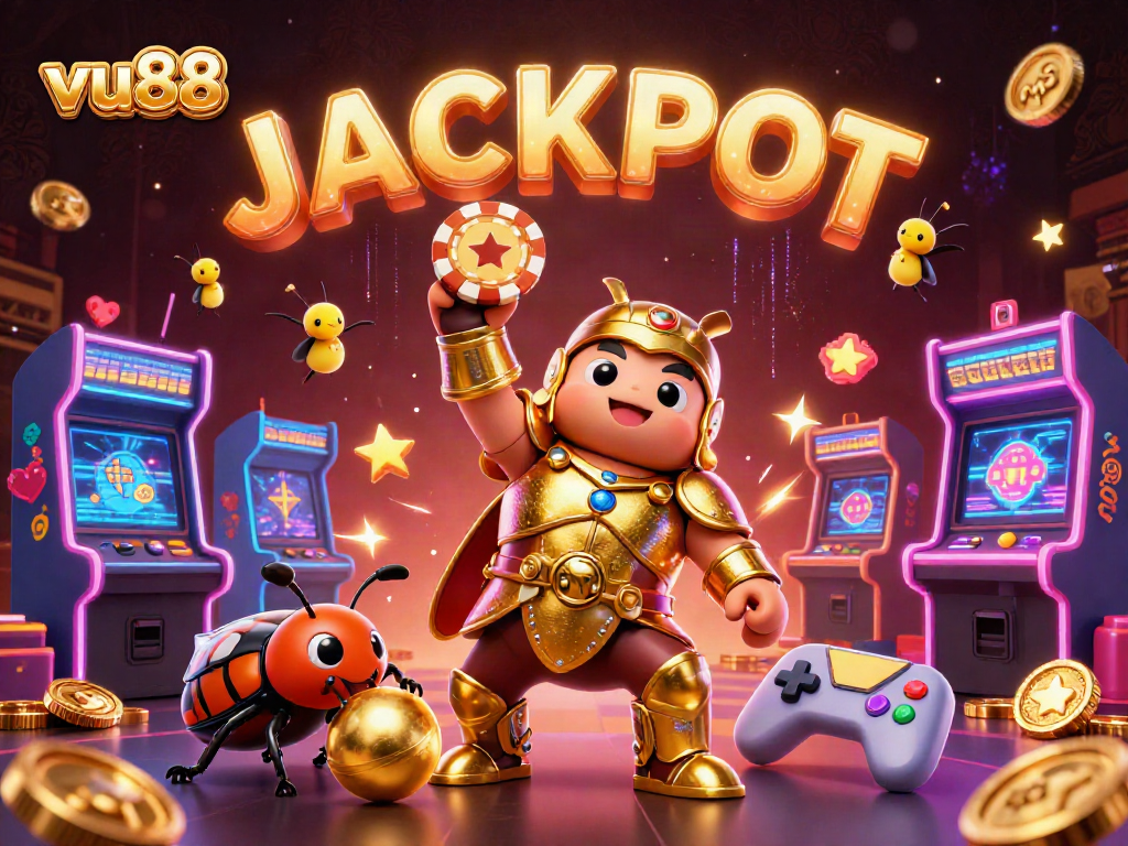 Boost your winnings with vu88's vibrant 3D illustration showcasing a victorious beetle in a gambling scene.